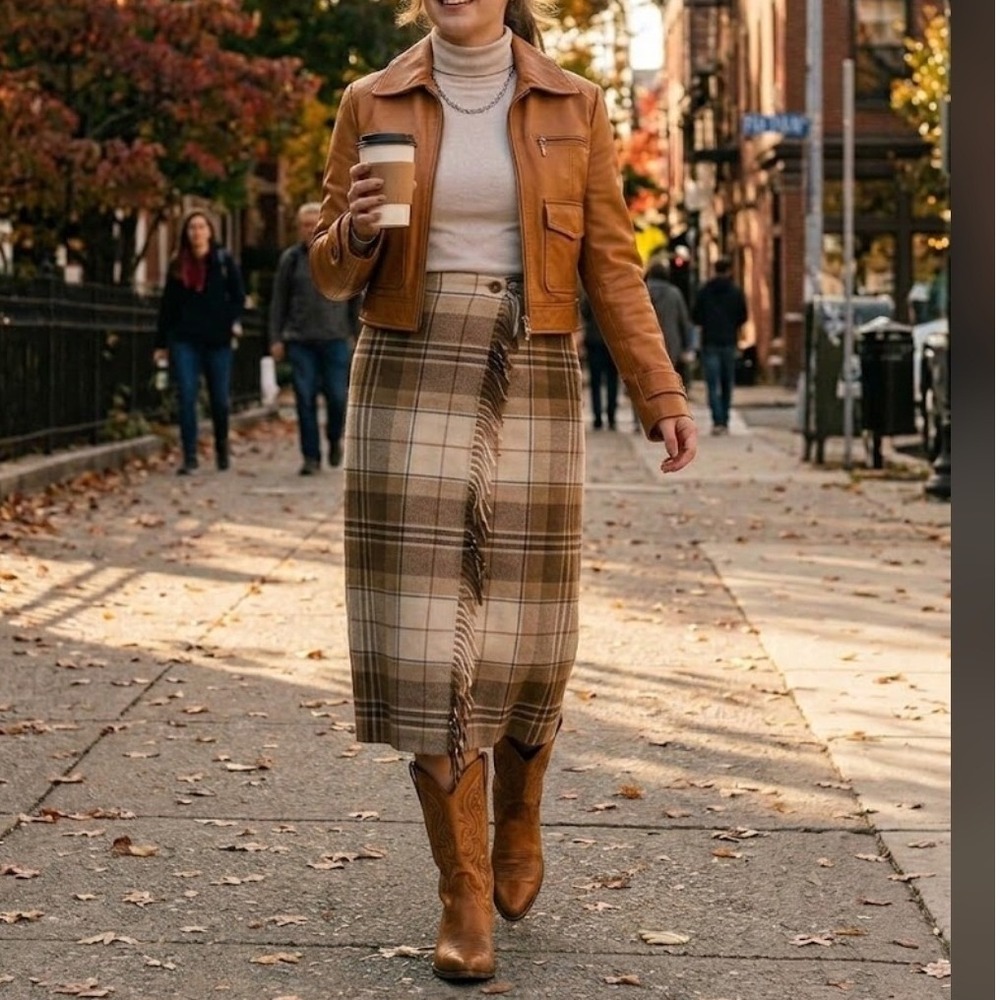 Cambridge Country Vintage Plaid Wool Blend Fringe Trim Midi Wrap Skirt Brown 4P